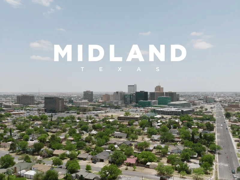 Aerial photo of the Midland skyline with text "Midland, Texas" over the photo.