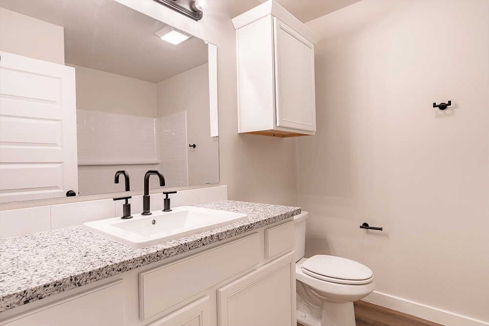 Bathroom in the Nikki, one of Betenbough's homes with open floor plan.