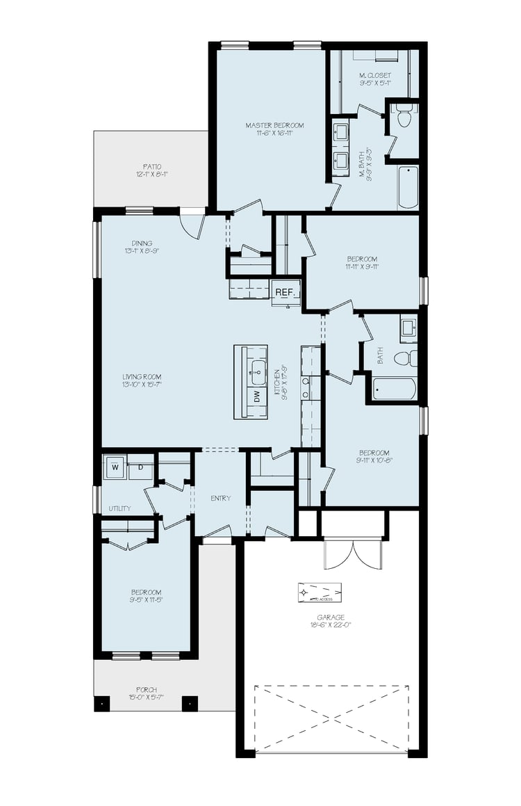Right-hand garage floor plan for the Mia, a Betenbough Homes floor plan.