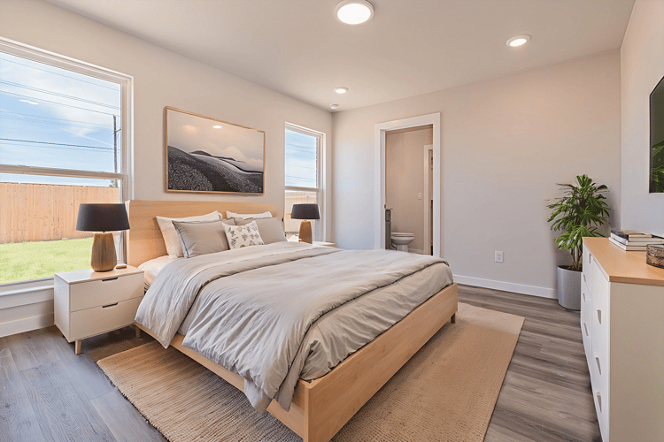Furnshed master bedroom in the Florence, a Betenbough Homes floor plan.
