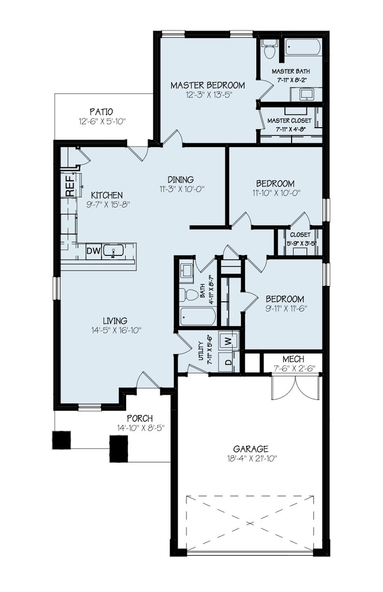 Right side garage floor plan for the Regan, one of Betenbough's homes with kitchen peninsulas.