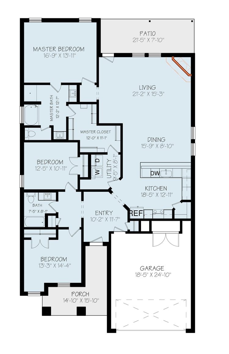 Floor plan with a right-hand garage for the Rebecca, one of Betenbough's homes with open floor plan.