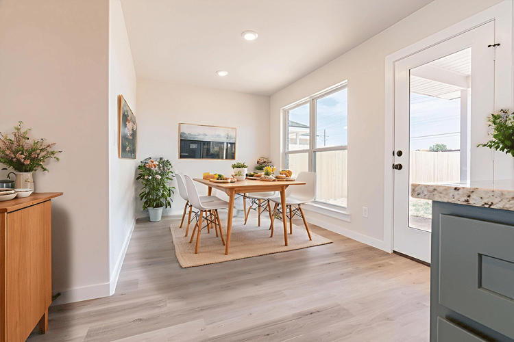 Furnished dining room in the Briley, one of Betenbough's affordable homes for sale.