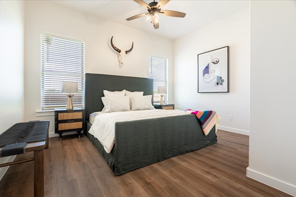 Photo of staged bedroom in the 2025 Lubbock Betenbough Homes parade home.