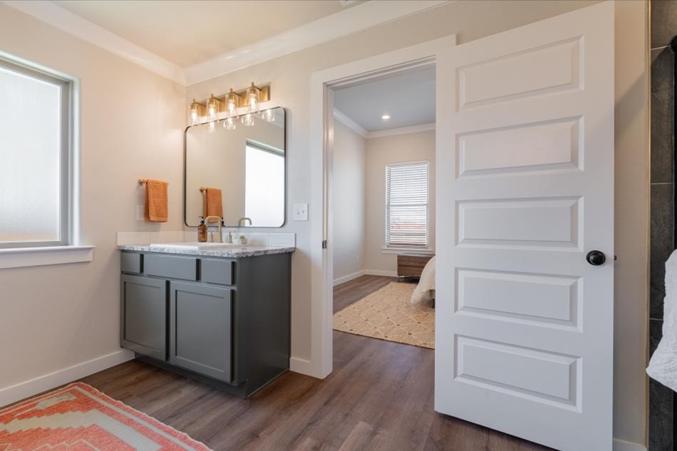 Photo of a staged vanity in the master bathroom in Betenbough Homes' 2025 Amarillo parade home.