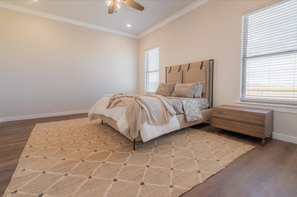Photo of the staged master bedroom in the Betenbough Homes' 2025 Amarillo parade home.