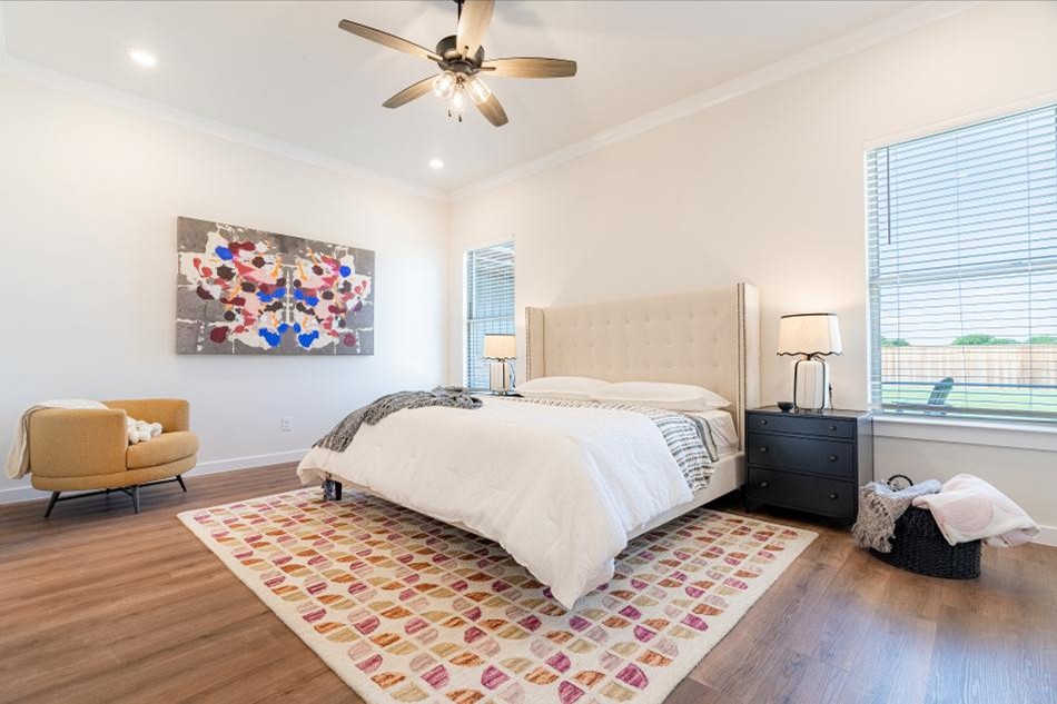 Photo of the master bedroom in Betenbough Homes' entry in the 2025 Lubbock Parade of Homes.