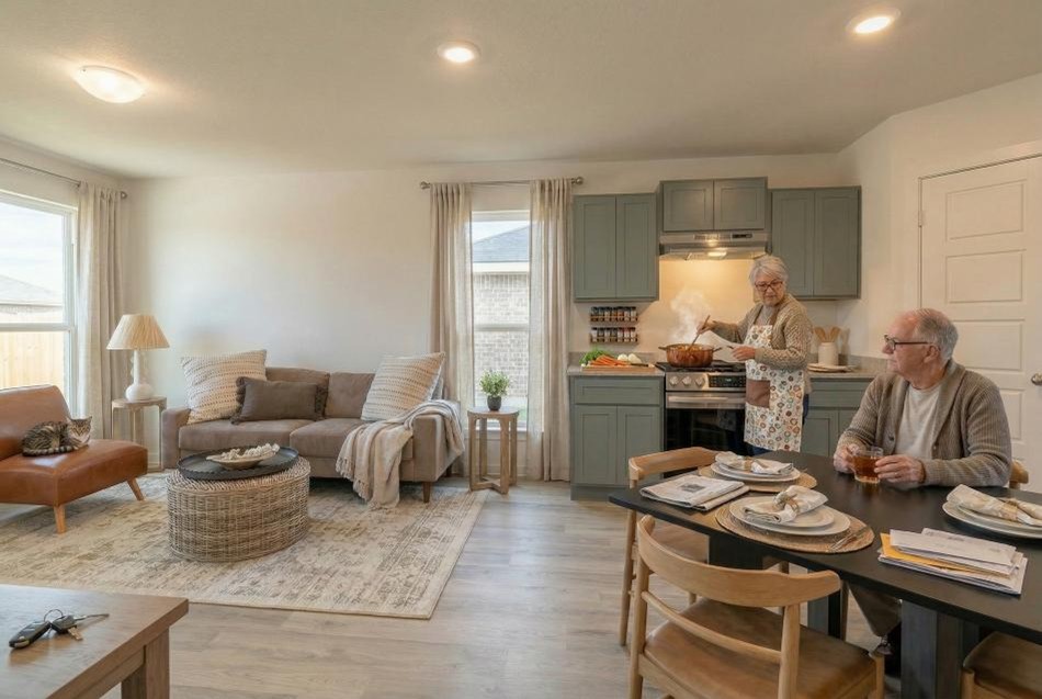 Origins Kitchen Comp Photo of a couple eating a meal in their Betenbough home after downsizing.